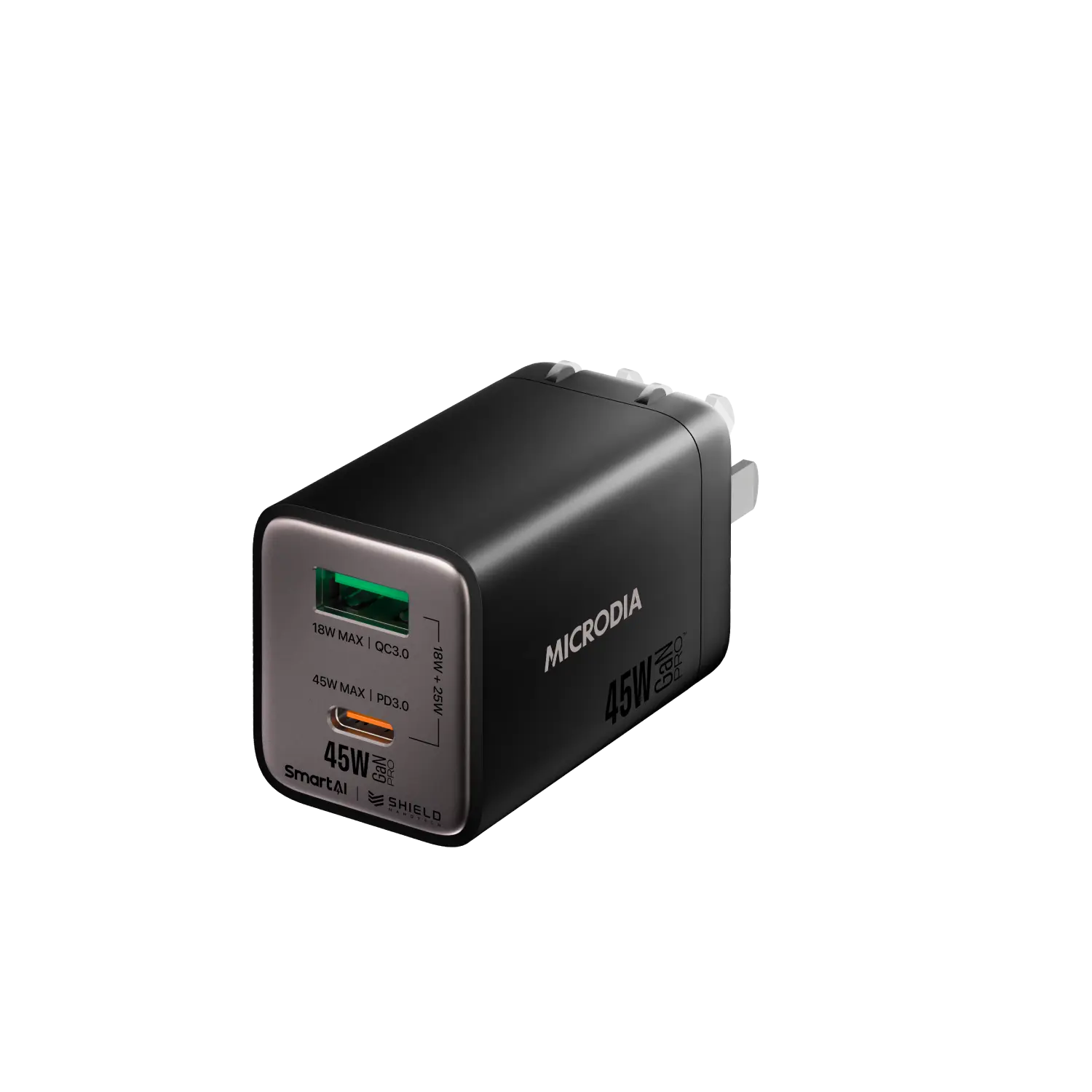 Сетевое зарядное устройство MICRODIA SMARTCube™ Nano 45 Вт GaN Pro, два порта, USB-C PD3.0 + USB-A QC3.0