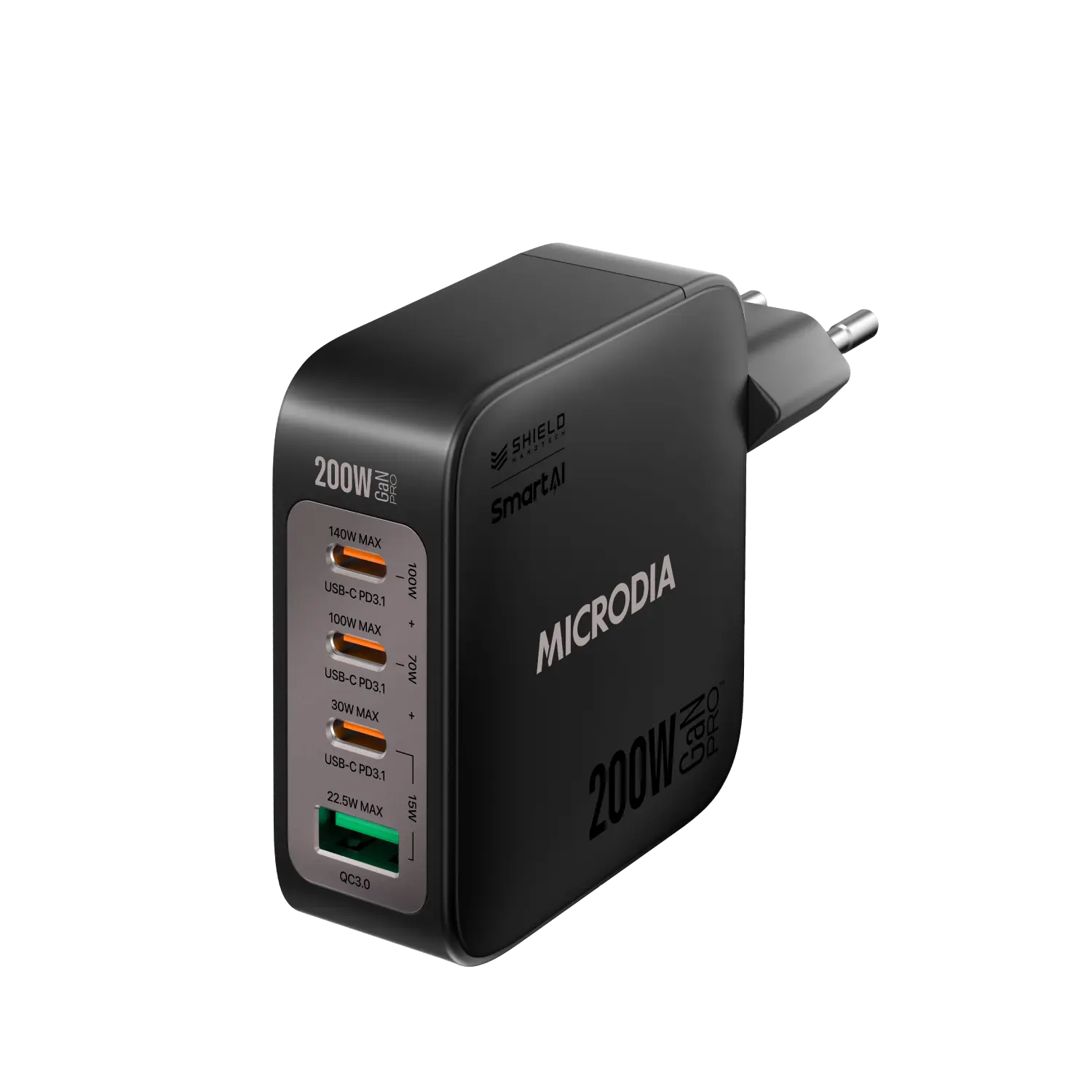 Сетевое зарядное устройство MICRODIA SMARTCube™ Nano 200 Вт с GaN Pro, 4 порта, USB-C PD3.1 + USB-A QC3.0