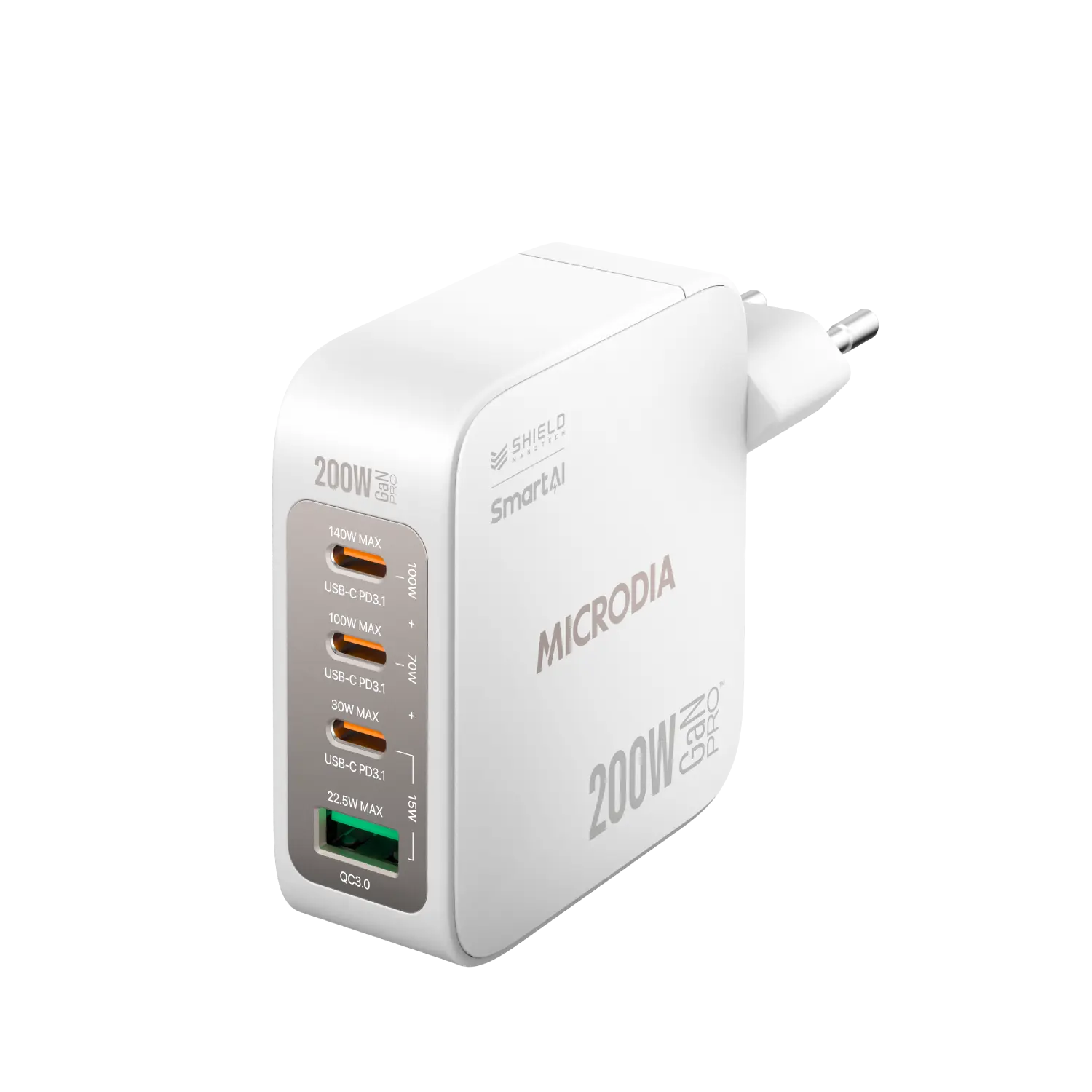 Сетевое зарядное устройство MICRODIA SMARTCube™ Nano 200 Вт с GaN Pro, 4 порта, USB-C PD3.1 + USB-A QC3.0