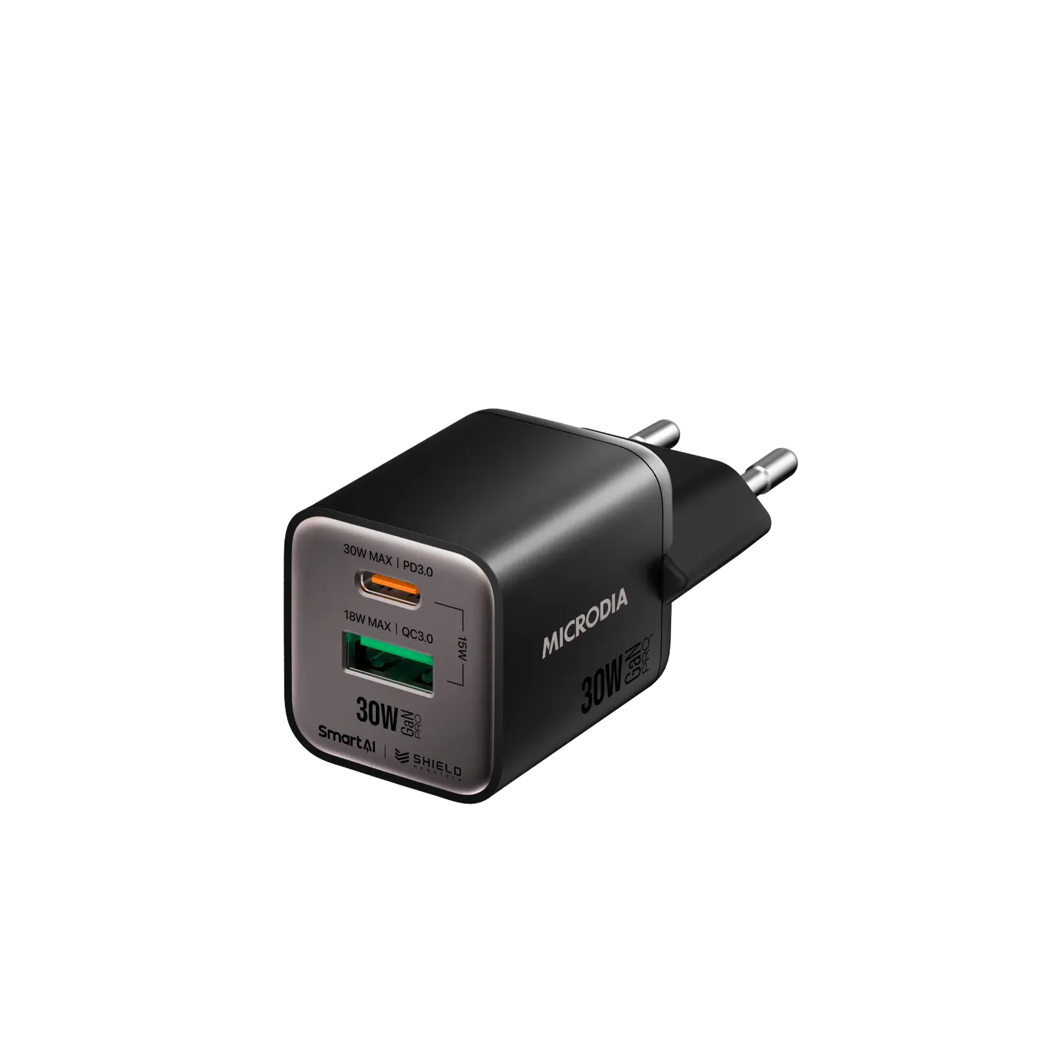 Сетевое зарядное устройство MICRODIA SMARTCube™ Nano 30 Вт GaN Pro, два порта, USB-C PD3.0 + USB-A QC3.0