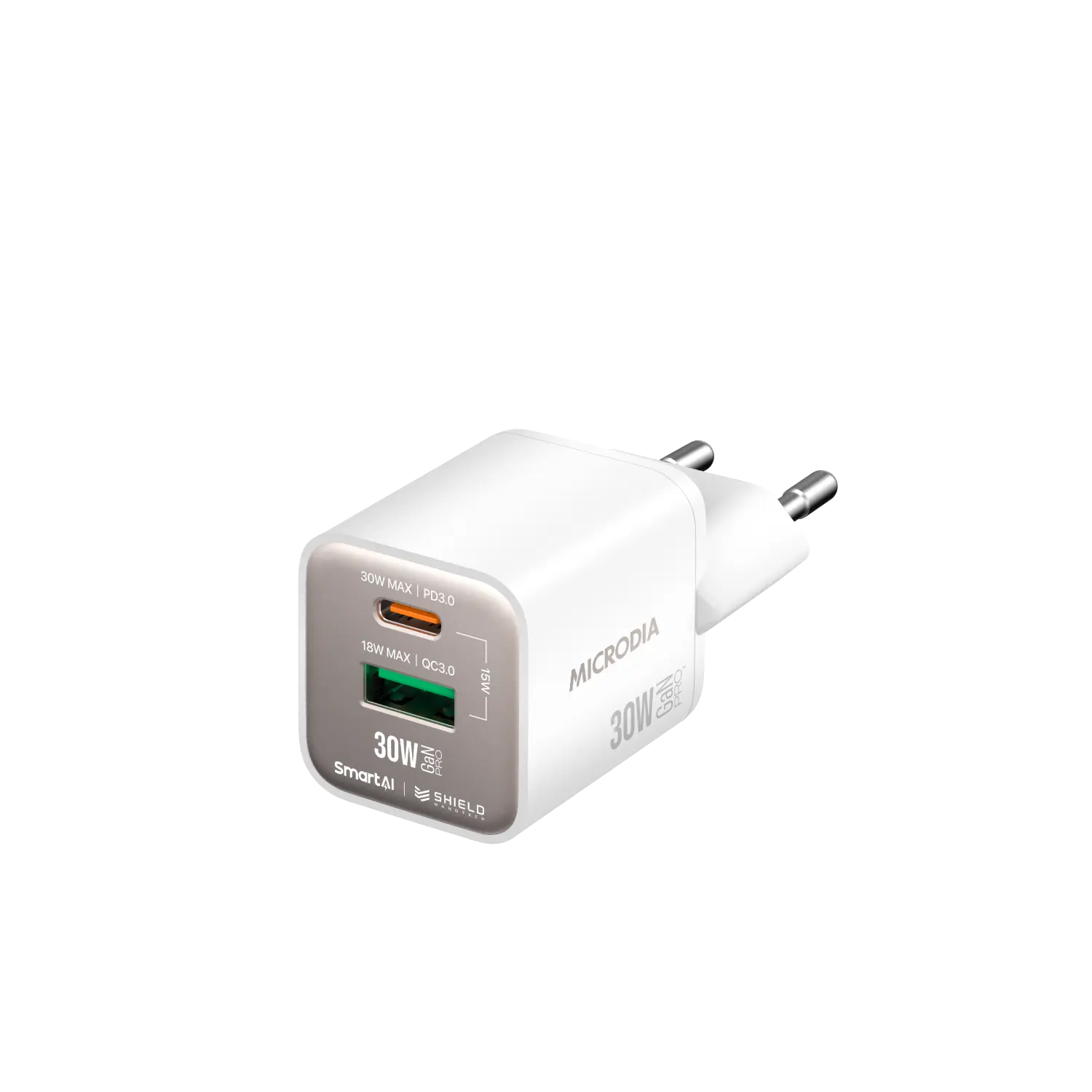 Сетевое зарядное устройство MICRODIA SMARTCube™ Nano 30 Вт GaN Pro, два порта, USB-C PD3.0 + USB-A QC3.0