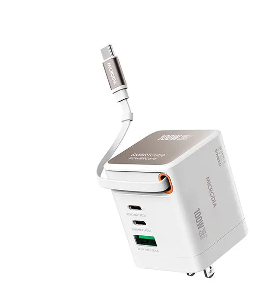 Зарядное устройство MICRODIA SMARTCube™ POWERCord мощностью 100 Вт с GaN Pro, встроенным кабелем USB-C и двумя выходами USB-C PD и USB-A 