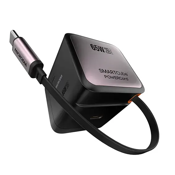MICRODIA SMARTCube™ POWERCord 65 Вт, настенное зарядное устройство GaN Pro со встроенным кабелем USB-C и выходом для зарядки USB-C 