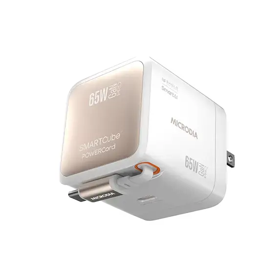 MICRODIA SMARTCube™ POWERCord 65 Вт, настенное зарядное устройство GaN Pro со встроенным кабелем USB-C и выходом для зарядки USB-C 