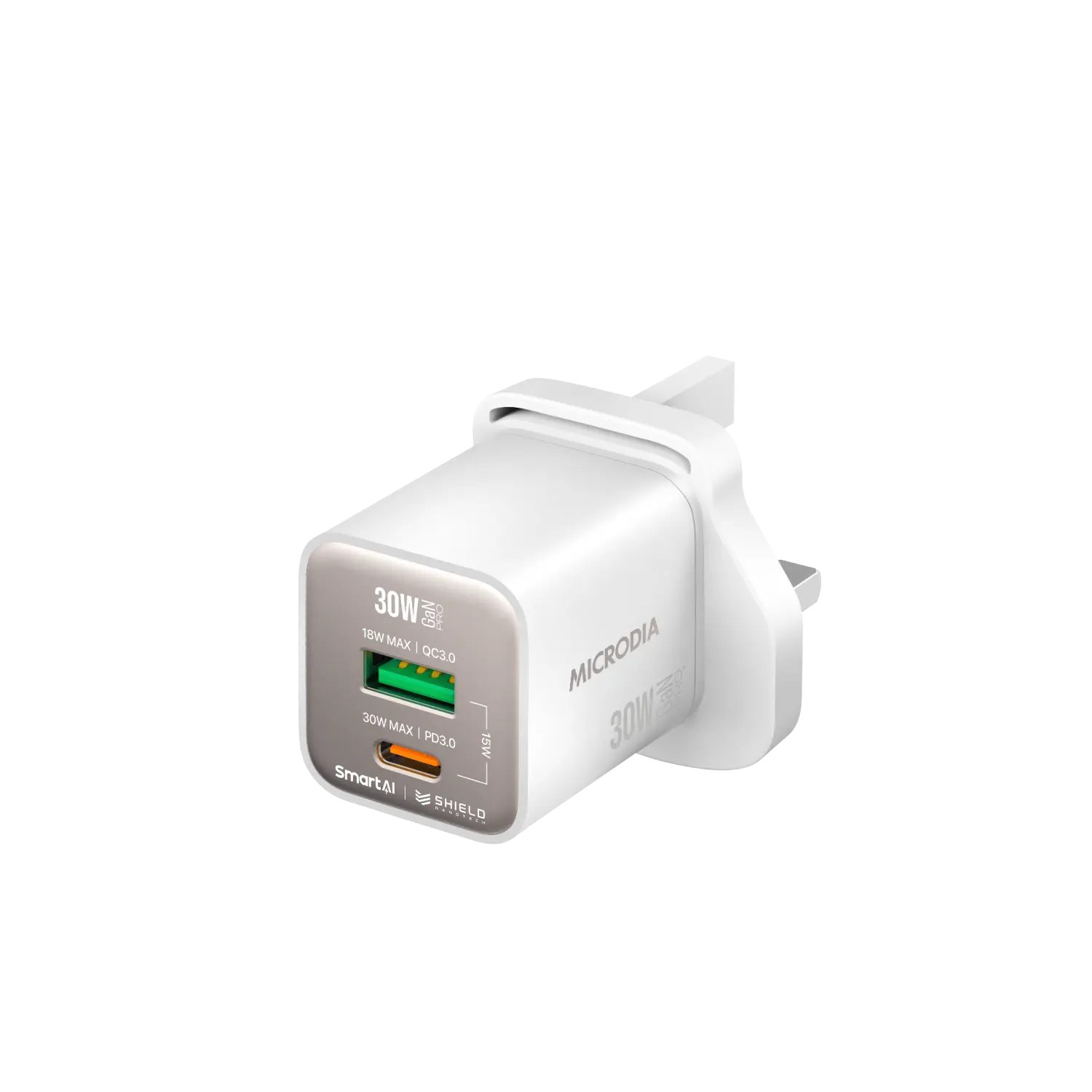 Сетевое зарядное устройство MICRODIA SMARTCube™ Nano 30 Вт GaN Pro, два порта, USB-C PD3.0 + USB-A QC3.0