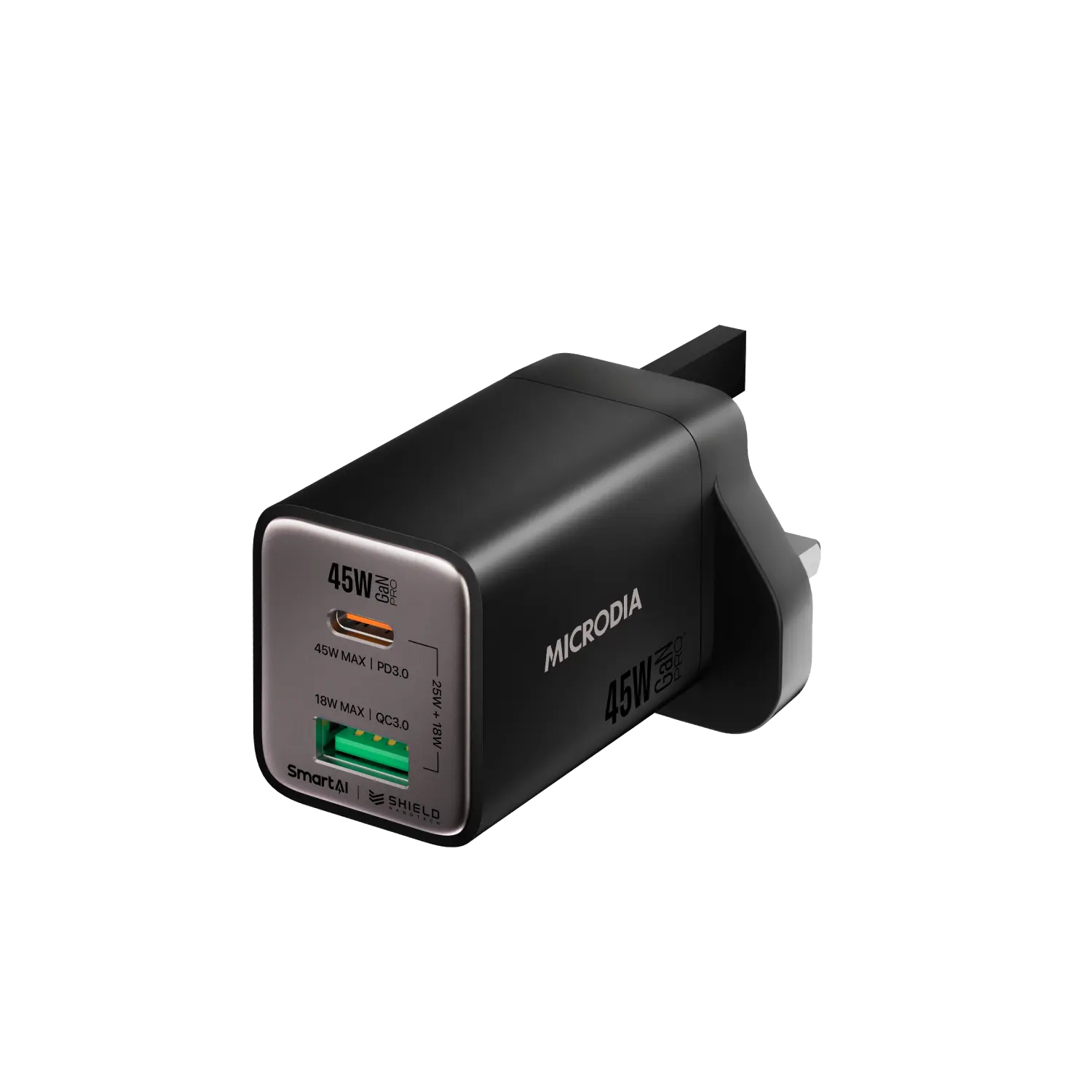 Сетевое зарядное устройство MICRODIA SMARTCube™ Nano 45 Вт GaN Pro, два порта, USB-C PD3.0 + USB-A QC3.0