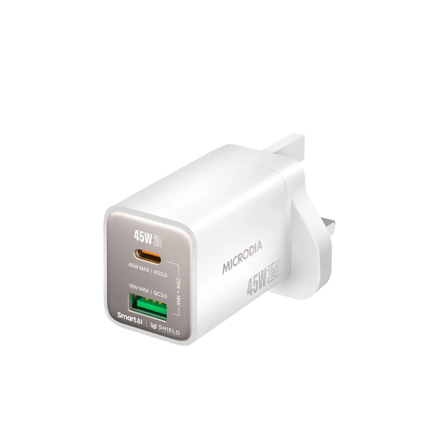 Сетевое зарядное устройство MICRODIA SMARTCube™ Nano 45 Вт GaN Pro, два порта, USB-C PD3.0 + USB-A QC3.0