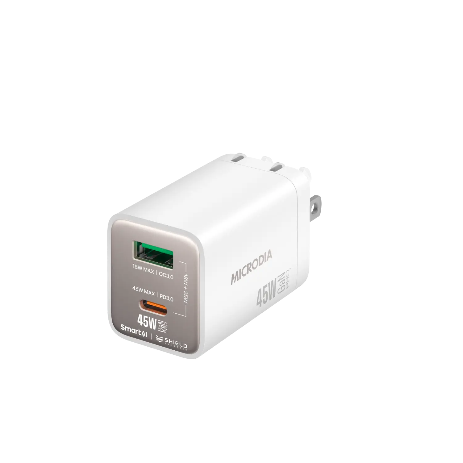 Сетевое зарядное устройство MICRODIA SMARTCube™ Nano 45 Вт GaN Pro, два порта, USB-C PD3.0 + USB-A QC3.0