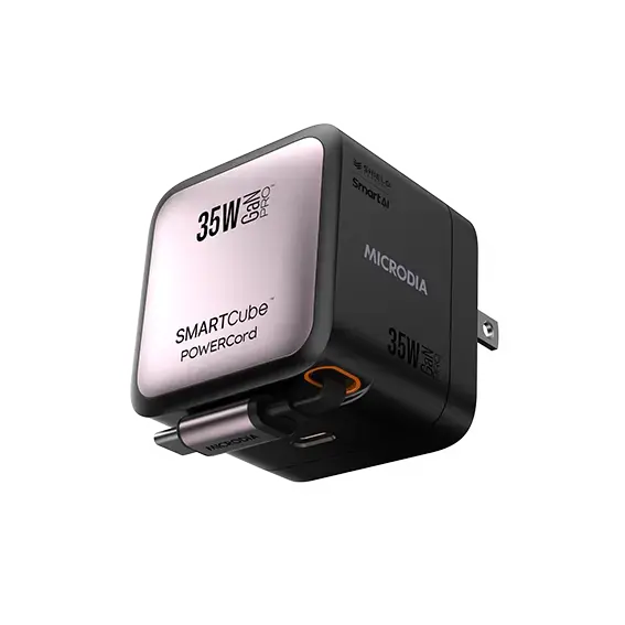 MICRODIA SMARTCube™ POWERCord 35 Вт, настенное зарядное устройство GaN Pro со встроенным кабелем USB-C и выходом для зарядки USB-C 