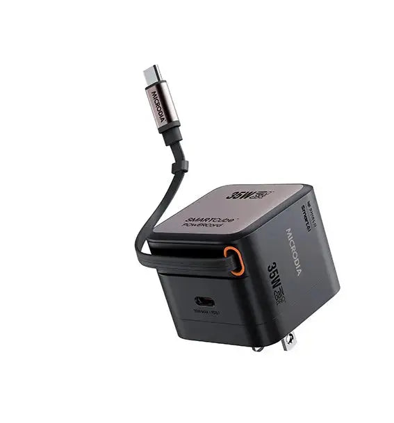 MICRODIA SMARTCube™ POWERCord 35 Вт, настенное зарядное устройство GaN Pro со встроенным кабелем USB-C и выходом для зарядки USB-C 