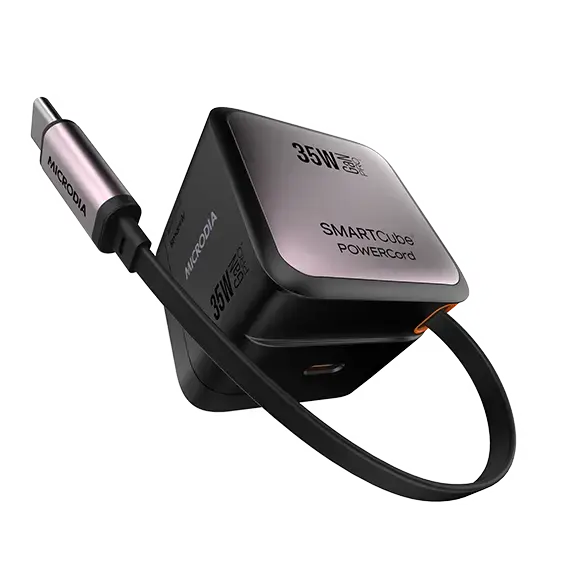 MICRODIA SMARTCube™ POWERCord 35 Вт, настенное зарядное устройство GaN Pro со встроенным кабелем USB-C и выходом для зарядки USB-C 