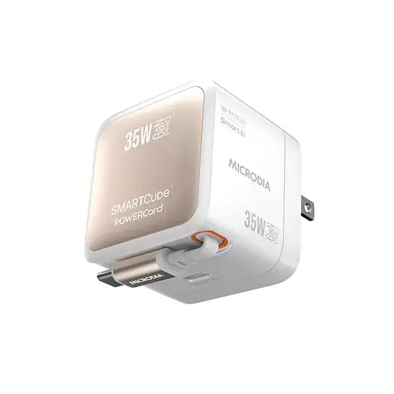 MICRODIA SMARTCube™ POWERCord 35 Вт, настенное зарядное устройство GaN Pro со встроенным кабелем USB-C и выходом для зарядки USB-C 