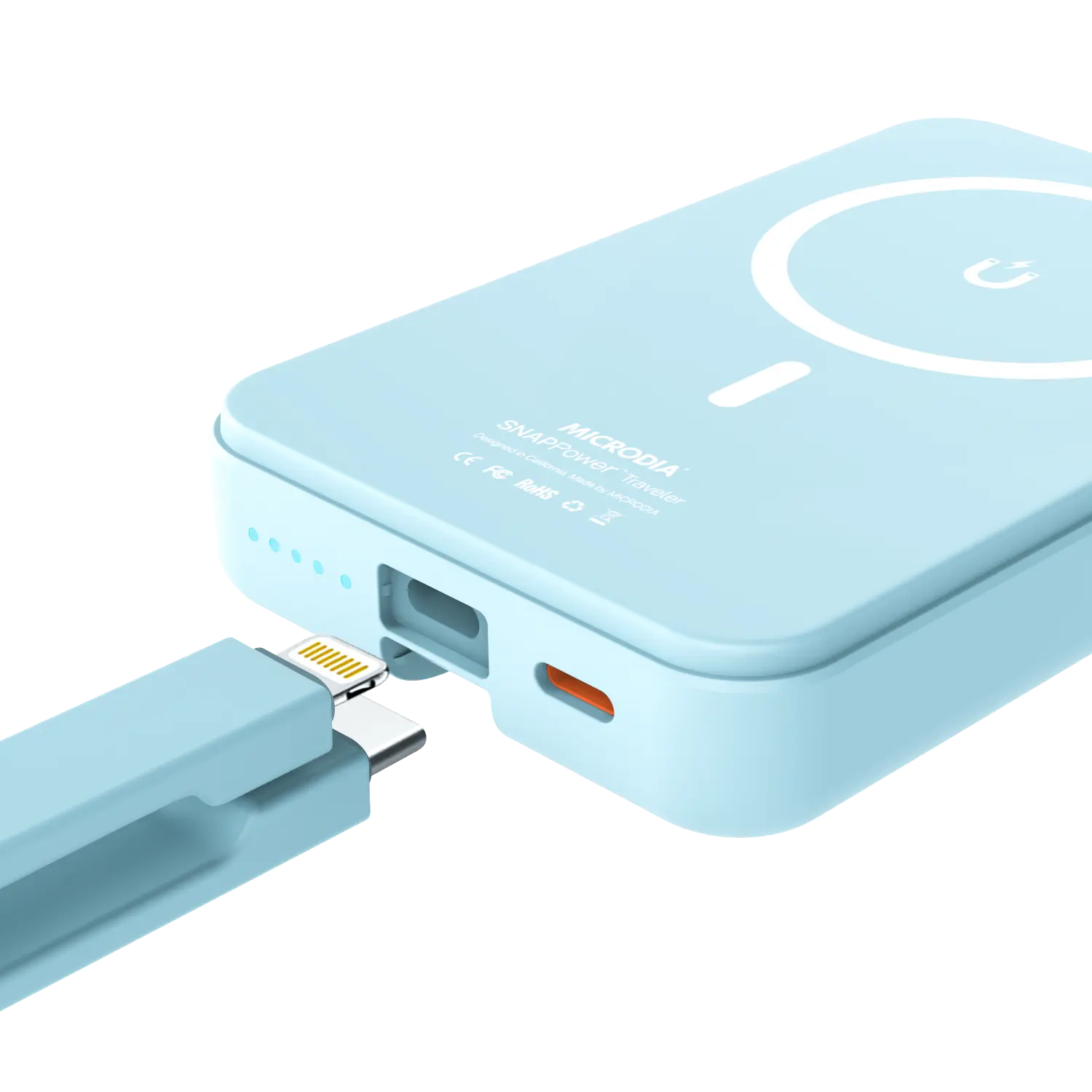 Беспроводной внешний аккумулятор MICRODIA SNAPPower™ Traveler мощностью 35 Вт с магнитным креплением и встроенным съемным кабелем (USB-C + Lightning) на 10000 мА·ч