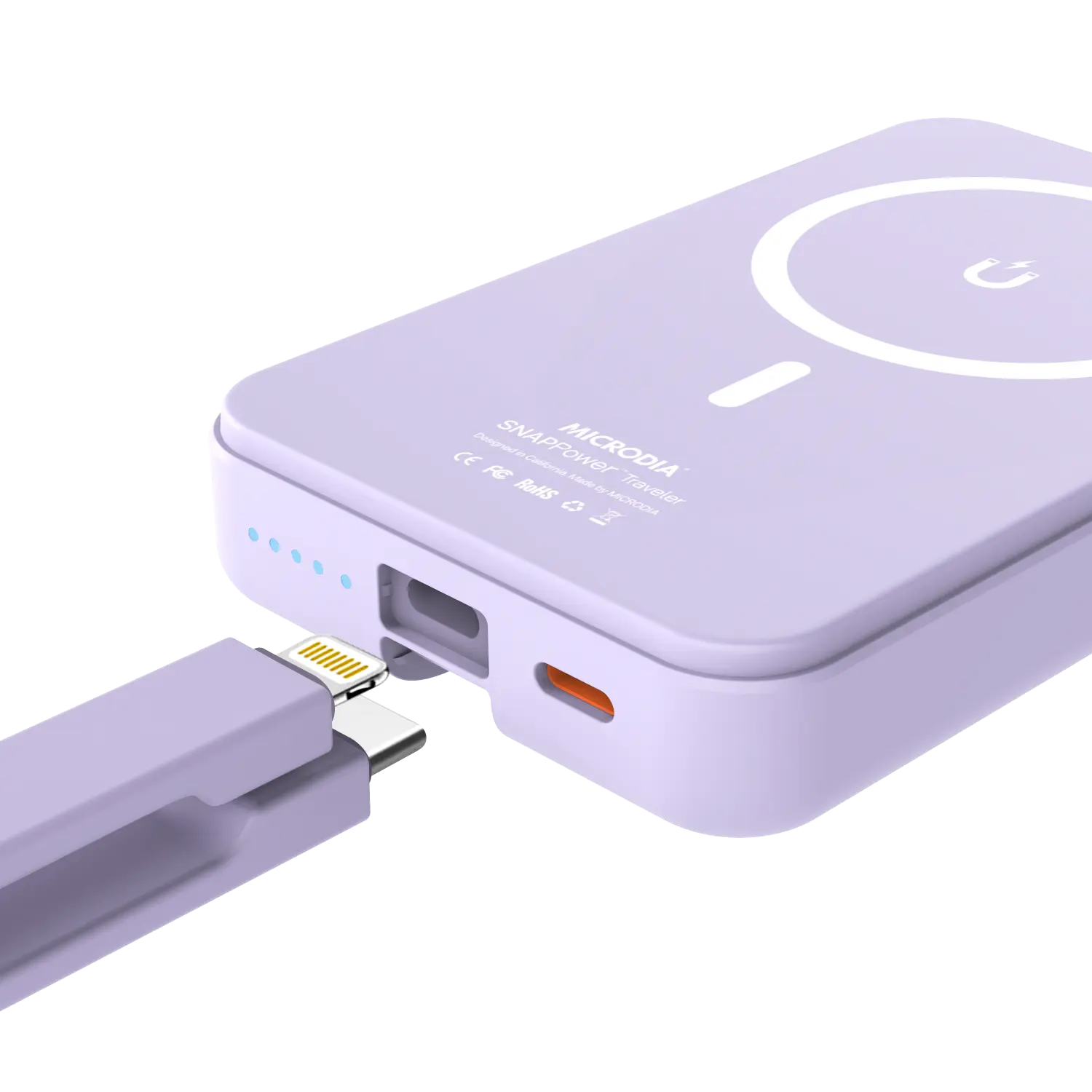 Беспроводной внешний аккумулятор MICRODIA SNAPPower™ Traveler мощностью 35 Вт с магнитным креплением и встроенным съемным кабелем (USB-C + Lightning) на 10000 мА·ч