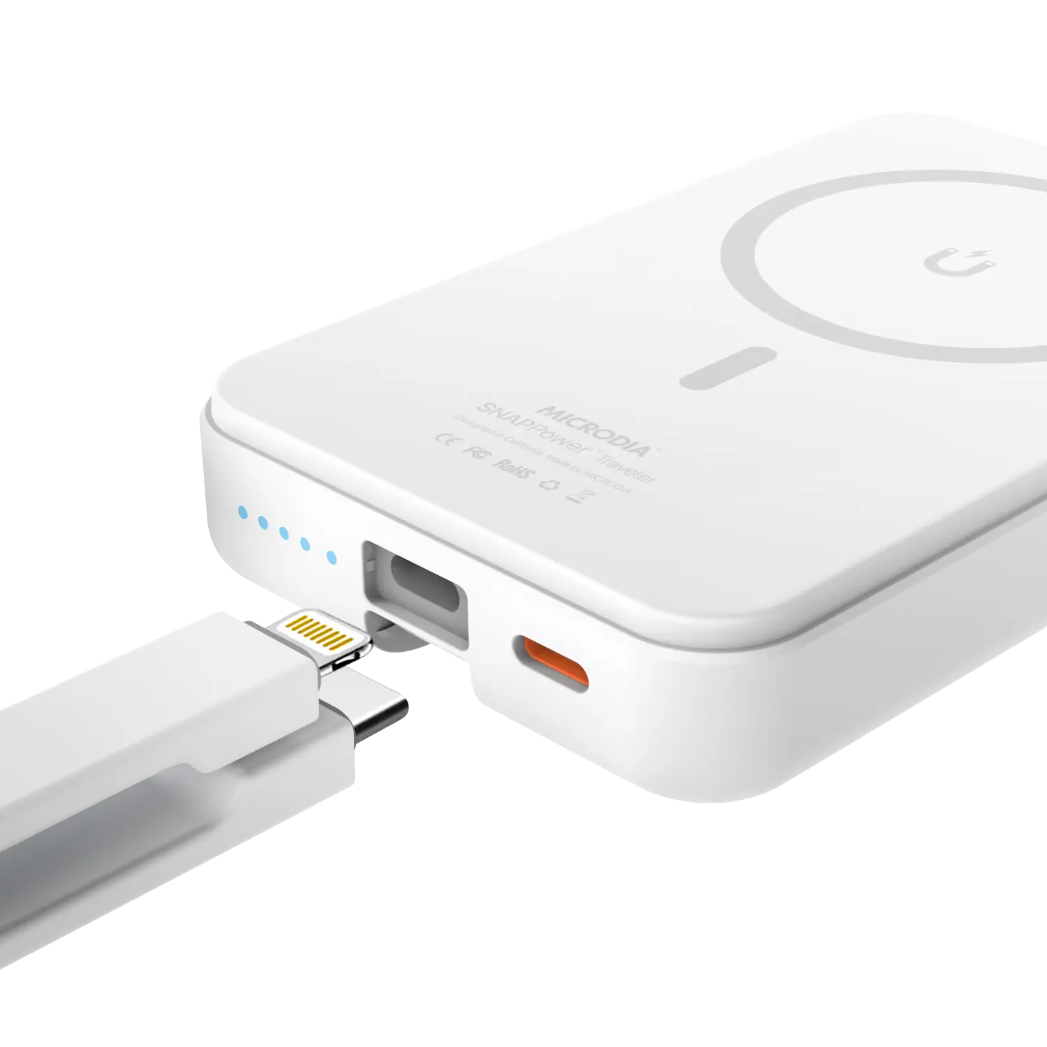 Беспроводной внешний аккумулятор MICRODIA SNAPPower™ Traveler мощностью 35 Вт с магнитным креплением и встроенным съемным кабелем (USB-C + Lightning) на 10000 мА·ч