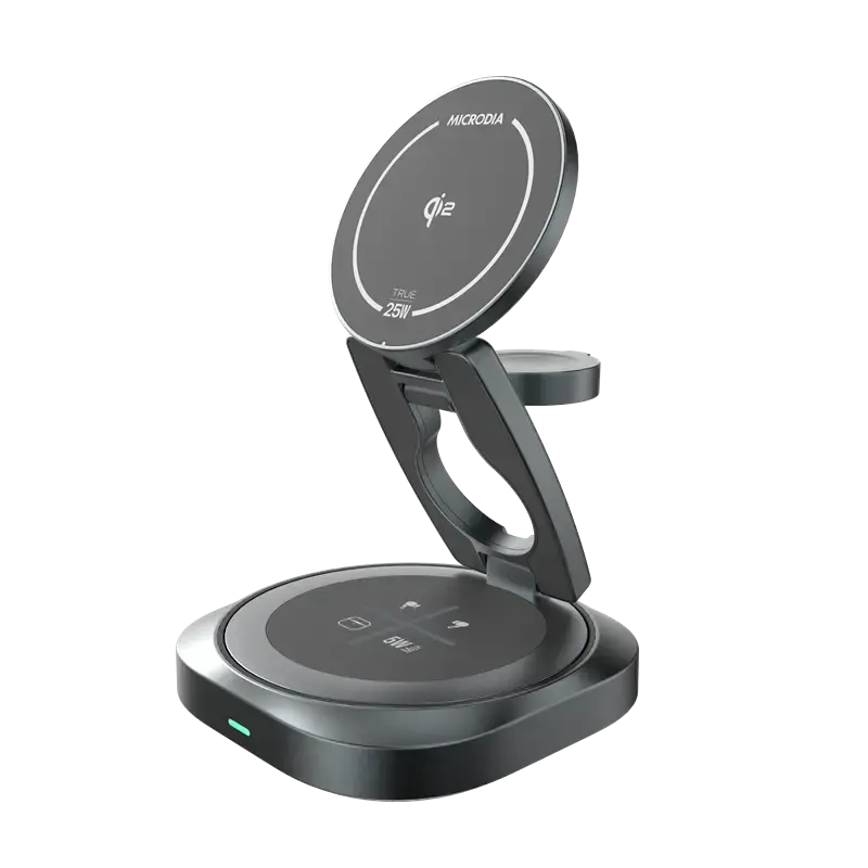MICRODIA SNAPStation™ AXIS — первая в мире зарядная станция «5 в 1» мощностью 32,5 Вт с поддержкой стандарта Qi2 и вращающейся базой