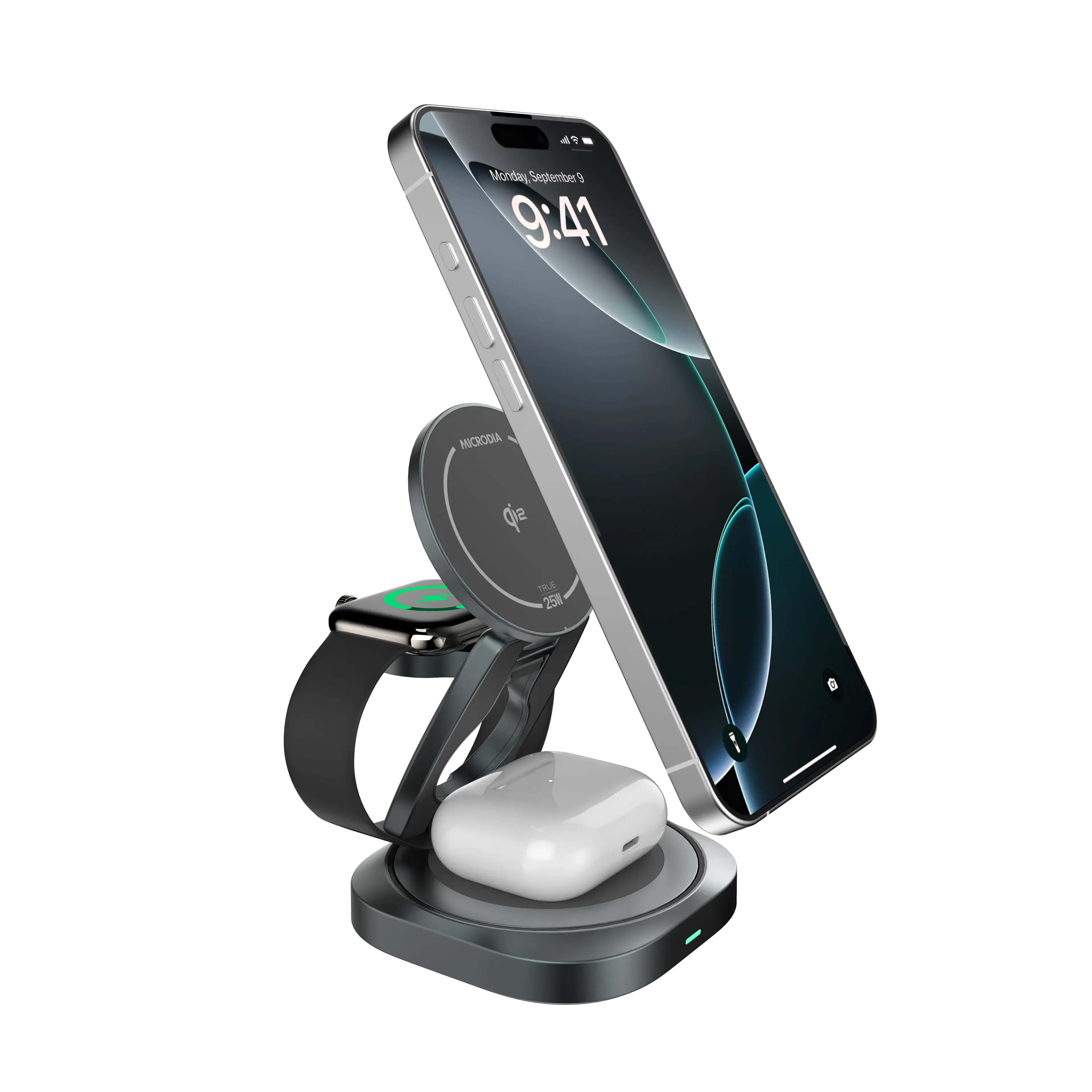 MICRODIA SNAPStation™ AXIS — первая в мире зарядная станция «5 в 1» мощностью 32,5 Вт с поддержкой стандарта Qi2 и вращающейся базой