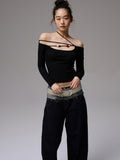 One-Shoulder Beaded Strappy Solid Color?T-Shirt