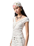 Hollow-Jacquard Knot-Front Flutter-Sleeve Blouse