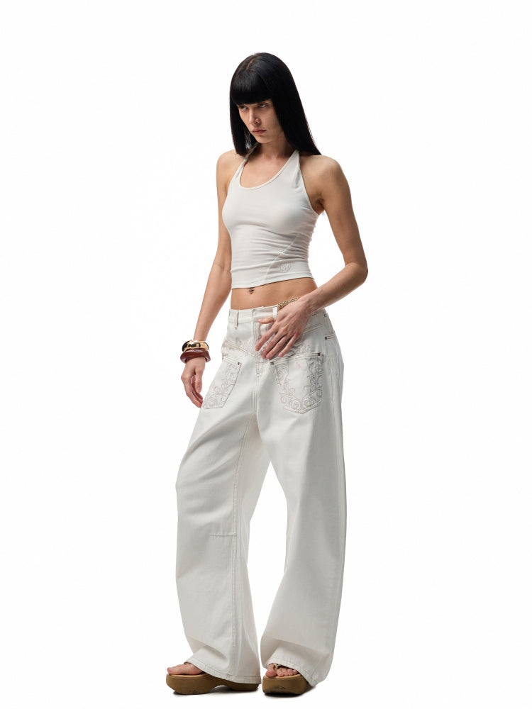 Slanted U-Neck Knot Embroidery Vest