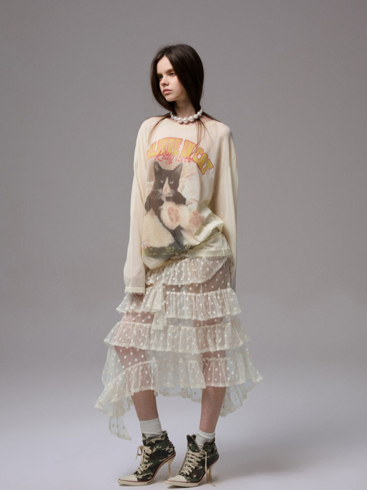 Cat Print Knitted T-shirt