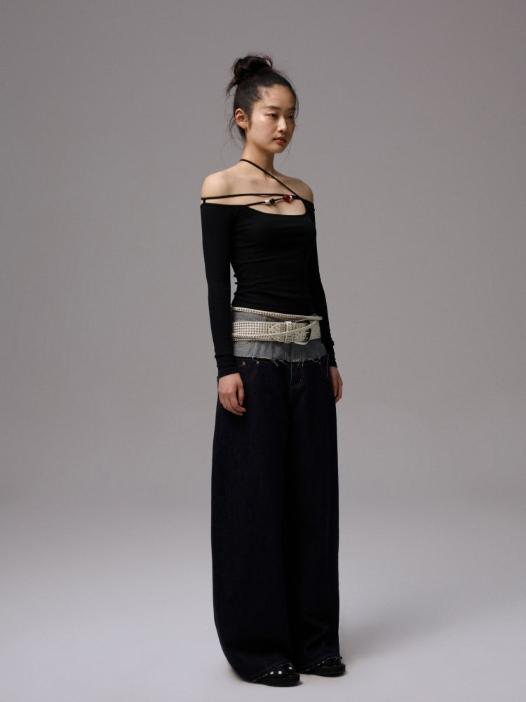 One-Shoulder Beaded Strappy Solid Color?T-Shirt