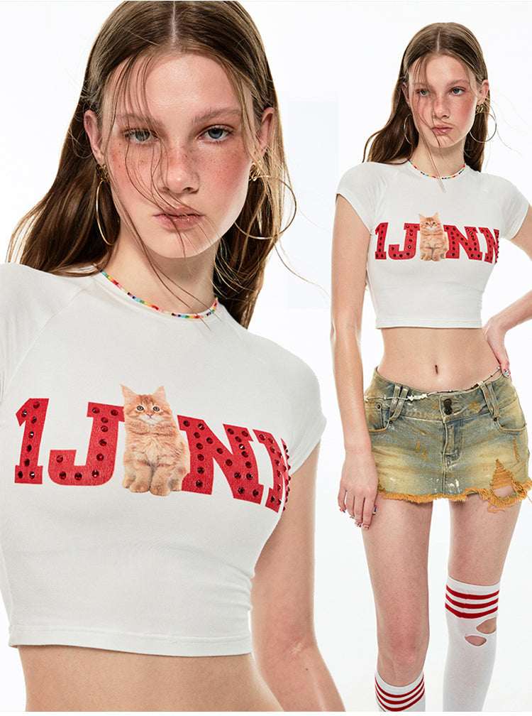 Rhinestone Embellished Fitted Fruit Printed Crop Top