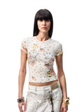 Floral Print Rhinestones Regular-shoulder T-shirt