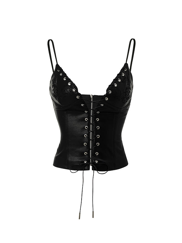 Black & White Hollow-out Lace-up Camisole