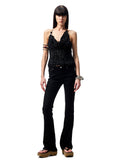 V-Neck Beaded Draped Collar Halter Cami Top