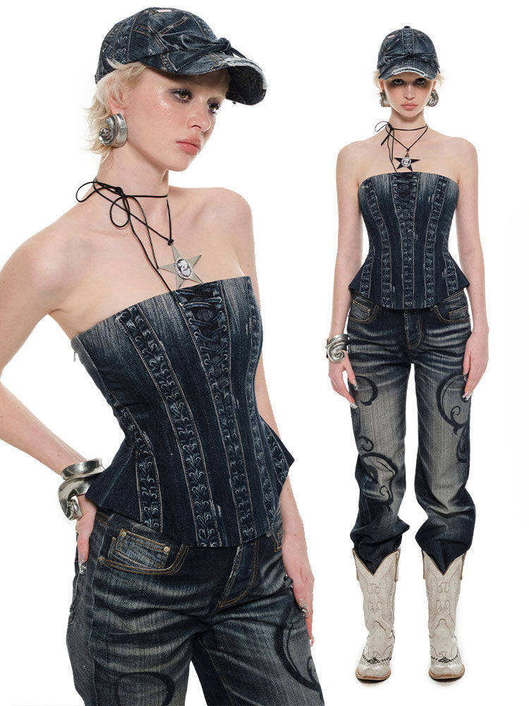 Denim Blue & Black Printed Fishtail Corset