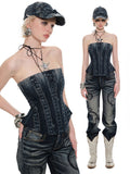 Denim Blue & Black Printed Fishtail Corset