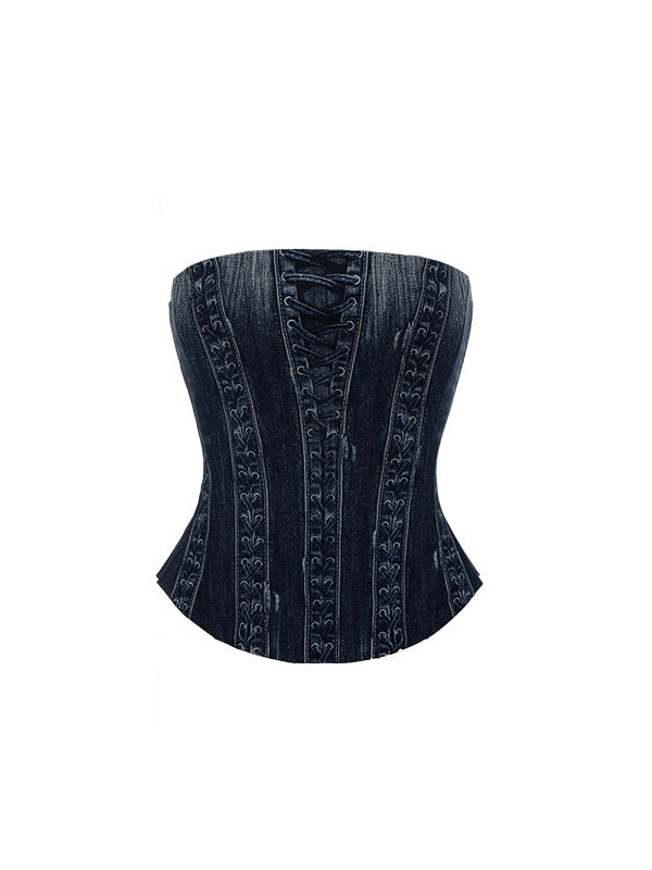 Denim Blue & Black Printed Fishtail Corset