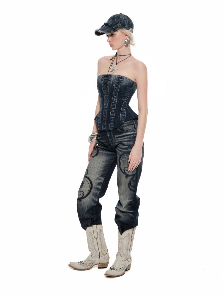 Denim Blue & Black Printed Fishtail Corset