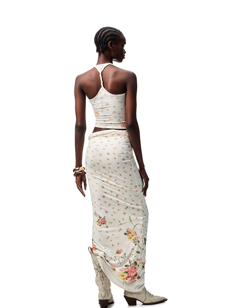 Floral All-Over Printed Big Round Neck Knotted Tank Top
