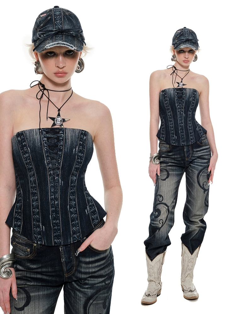 Denim Blue & Black Printed Fishtail Corset