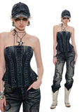 Denim Blue & Black Printed Fishtail Corset