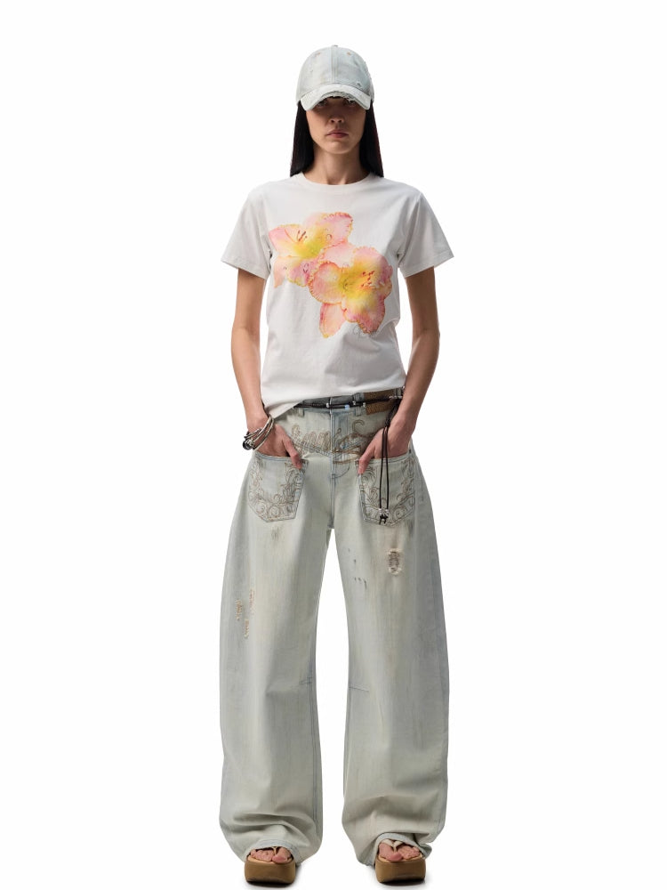 Printed Loose Austrian Rhinestone T-shirt