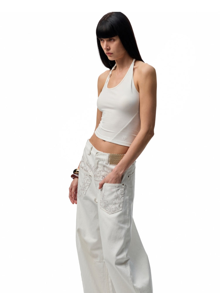 Slanted U-Neck Knot Embroidery Vest