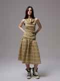 Plaid Halter Neck Backless Tank Top & Midi Skirt Set