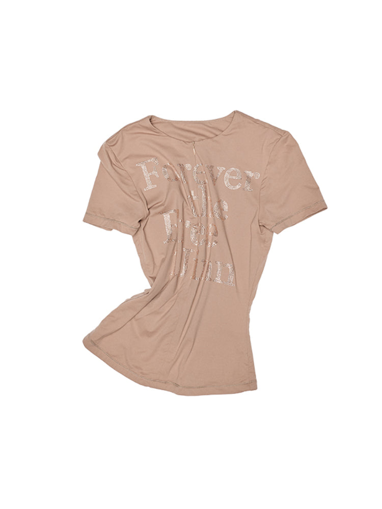 Floral Letter V-Neck Hidden Zip Hot-Fix T-Shirt