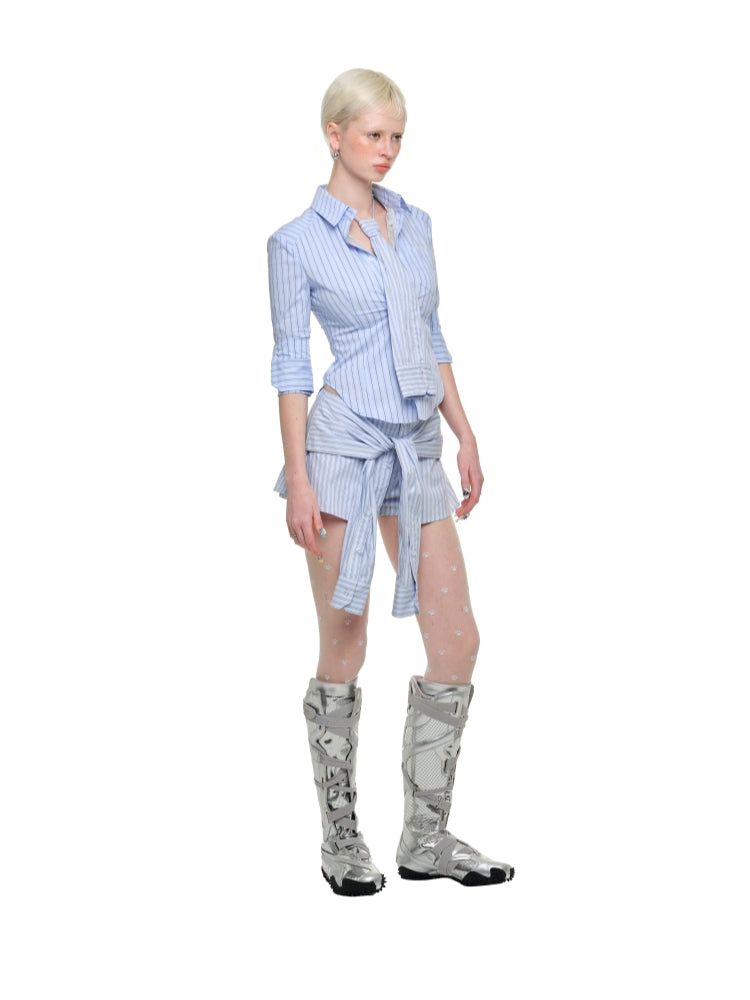Faux Two-Piece Buttoned Slim Fit Shirt & Skirt Set