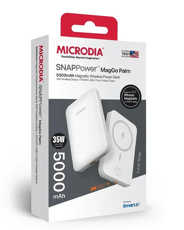 Беспроводной внешний аккумулятор MICRODIA SNAPPower™ MagGo Palm, 5000 мА·ч / 10000 мА·ч с магнитным креплением, беспроводной выходной мощностью 15 Вт и быстрой зарядкой через порт USB-C мощностью 20 Вт