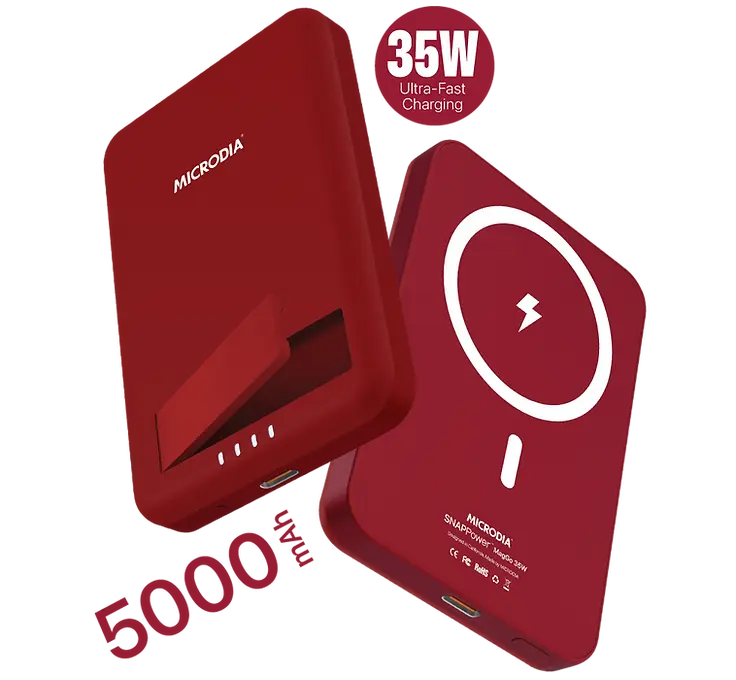 Беспроводной внешний аккумулятор MICRODIA SNAPPower™ MagGo 35 Вт, 5000 мА·ч с магнитным креплением, беспроводной выход 15 Вт + выход USB-C PD 20 Вт с подставкой