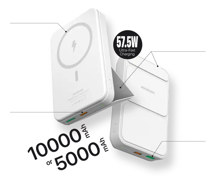 Беспроводной внешний аккумулятор MICRODIA SNAPPower™ MagGo Palm Plus, 5000 мА·ч / 10000 мА·ч с магнитным креплением, выходной мощностью 15 Вт + выходом USB-C 20 Вт + выходом USB-A 22,5 Вт, выдвижной подставкой