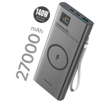 Беспроводной внешний аккумулятор MICRODIA SNAPPower™ MagGo LCD 27000 мА·ч, 140 Вт, с магнитным креплением, беспроводной выходной мощностью 15 Вт + выход USB-C PD 140 Вт и 30 Вт + выход USB-A 20 Вт с ЖК-дисплеем