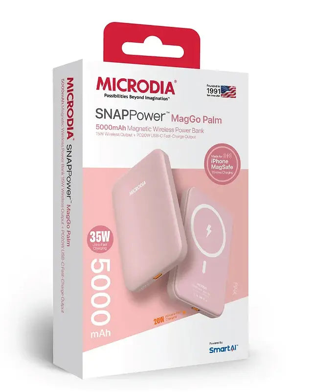 Беспроводной внешний аккумулятор MICRODIA SNAPPower™ MagGo Palm, 5000 мА·ч / 10000 мА·ч с магнитным креплением, беспроводной выходной мощностью 15 Вт и быстрой зарядкой через порт USB-C мощностью 20 Вт