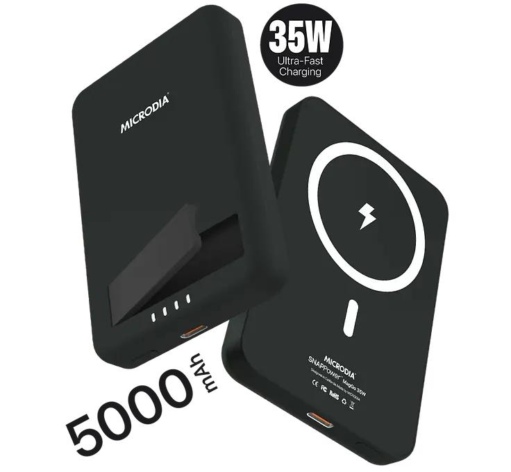 Беспроводной внешний аккумулятор MICRODIA SNAPPower™ MagGo 35 Вт, 5000 мА·ч с магнитным креплением, беспроводной выход 15 Вт + выход USB-C PD 20 Вт с подставкой