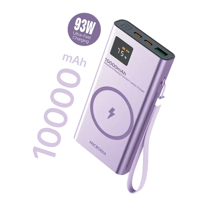 Беспроводной внешний аккумулятор MICRODIA SNAPPower™ MagGo LCD 10000 мА·ч, 93 Вт, с магнитным креплением, беспроводной выходной мощностью 15 Вт + двойной выход USB-C PD мощностью 30 Вт + выход USB-A мощностью 18 Вт с ЖК-дисплеем