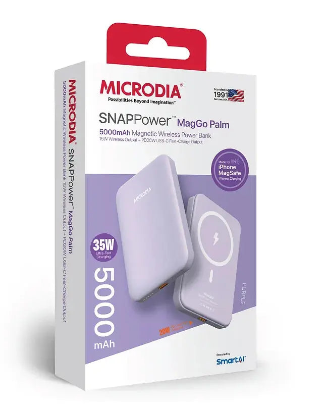 Беспроводной внешний аккумулятор MICRODIA SNAPPower™ MagGo Palm, 5000 мА·ч / 10000 мА·ч с магнитным креплением, беспроводной выходной мощностью 15 Вт и быстрой зарядкой через порт USB-C мощностью 20 Вт